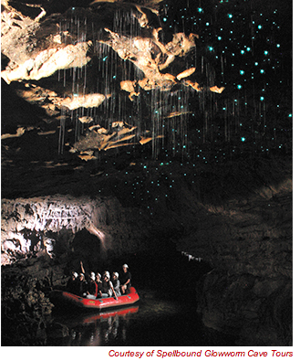 a group of people in a boat in a cave
