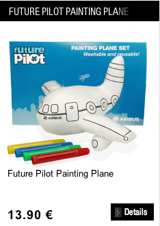a white inflatable airplane with blue box and colored markers