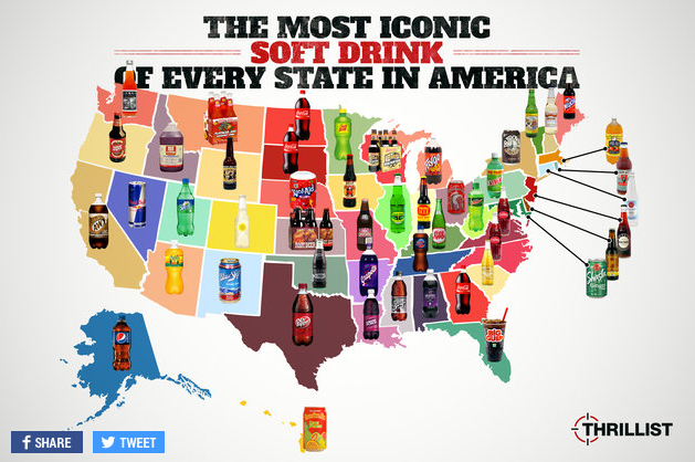 a map of the united states of america with different bottles of soft drinks