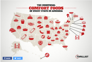 a map of the united states of america with food icons