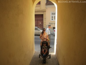 a woman pushing a stroller with a child