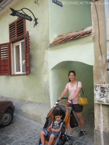 a woman pushing a stroller with a child