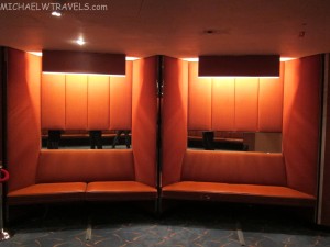 a room with orange seats