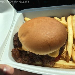 a burger and fries in a styrofoam container