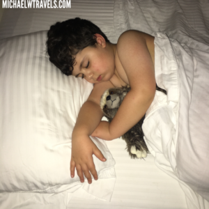 a boy sleeping with a cat