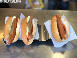 a group of hot dogs on a table