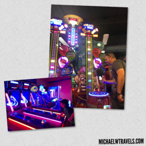 a collage of a man playing arcade games