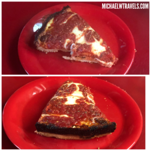 a slice of pizza on a red plate