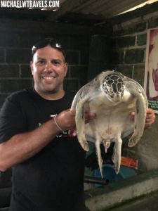 a man holding a turtle