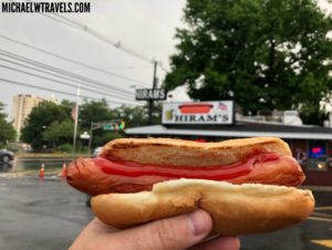 a person holding a hot dog with ketchup