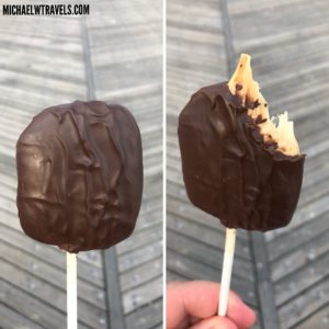 a chocolate covered marshmallow on a stick