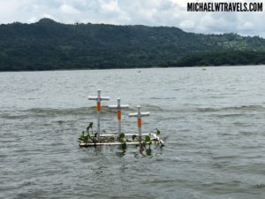 a group of crosses in the water