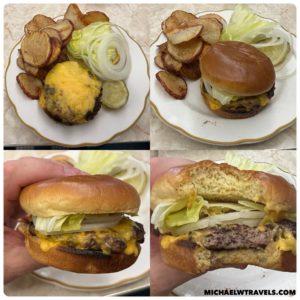 a collage of a hamburger and potato wedges