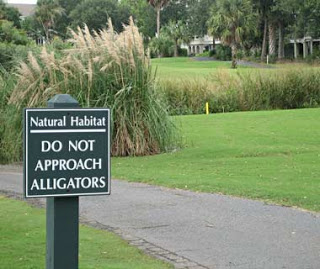 a sign on a sidewalk near a golf course