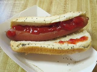 a hot dog with ketchup on it