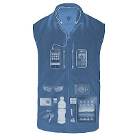a blue vest with various objects on it