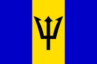 a blue and yellow flag with a black trident