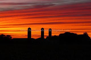silhouette of silos in a field during sunset