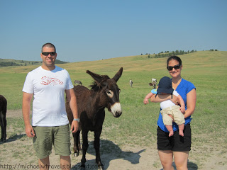 a man and woman standing with a donkey and a baby
