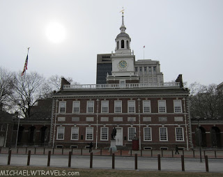 Independence Hall with a clock on top