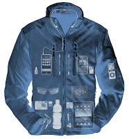 a blue jacket with various objects on it